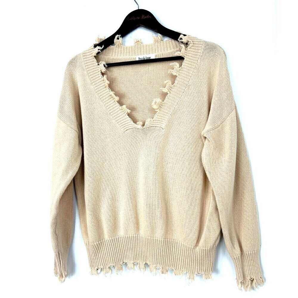 Peach Love California Women Sz L Ivory Cream Sweater Fringe Comfort Boho Chic H2 - Picture 4 of 12